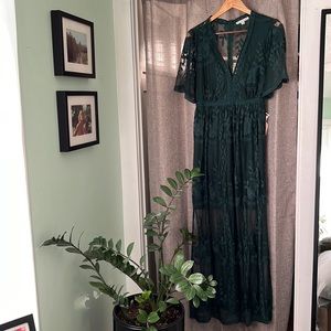 Forest Green Lace and Embroidered Maxi Dress